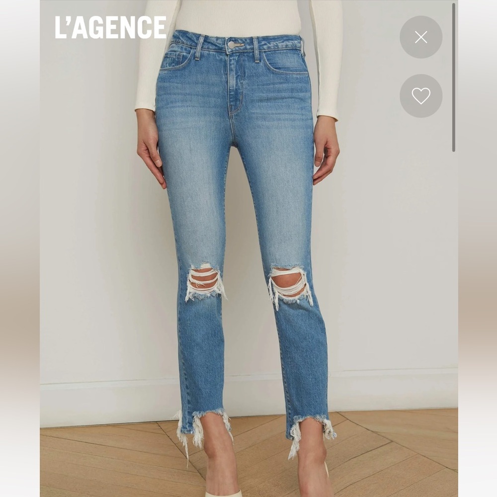 L’AGENCE High Rise Distressed Cotton Skinny Jeans | Size 28 - Picture 3 of 10